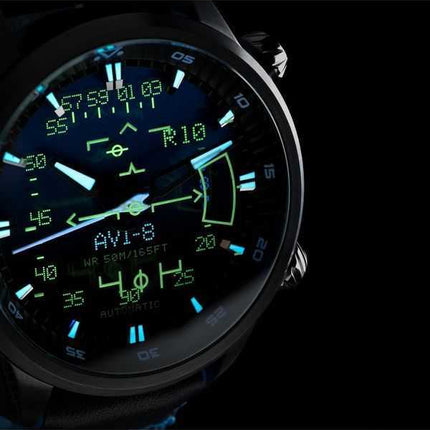 Orologio da uomo automatico AVI-8 Hawker Harrier HUD con cinturino in pelle e quadrante blu sfumato AV-4117-01