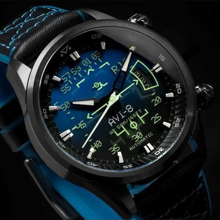 Orologio da uomo automatico AVI-8 Hawker Harrier HUD con cinturino in pelle e quadrante blu sfumato AV-4117-01