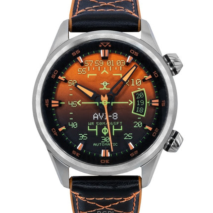 Orologio automatico da uomo AVI-8 Hawker Harrier HUD con cinturino in gomma e pelle e quadrante arancione sfumato AV-4117-03