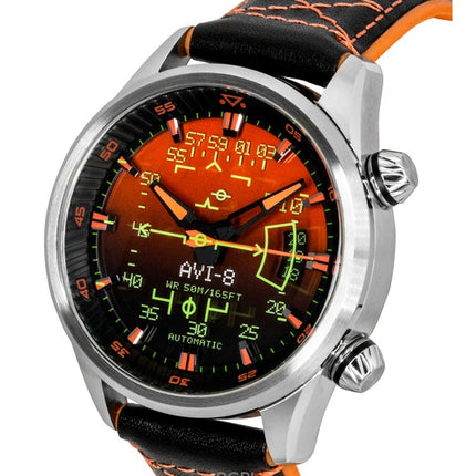 Orologio automatico da uomo AVI-8 Hawker Harrier HUD con cinturino in gomma e pelle e quadrante arancione sfumato AV-4117-03