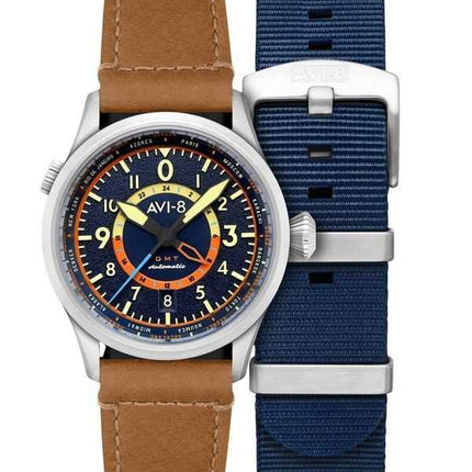 Orologio da uomo AVI-8 Flyboy Wingman Worldtimer GMT Atlantic Blue Dial Automatic AV-4120-01 con cinturino extra