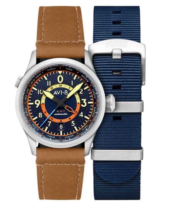 Orologio da uomo AVI-8 Flyboy Wingman Worldtimer GMT Atlantic Blue Dial Automatic AV-4120-01 con cinturino extra