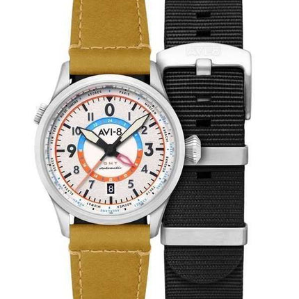 AVI-8 Flyboy Wingman Worldtimer GMT Automatico Cinturino Verde Sabbia Quadrante Crema Orologio da Uomo AV-4120-02 Con Cinturino