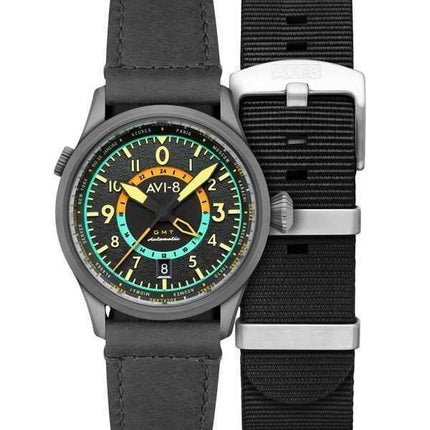 Orologio da uomo AVI-8 Flyboy Wingman Worldtimer GMT Tropical Grey Dial Automatic AV-4120-04 con cinturino extra