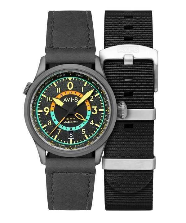 Orologio da uomo AVI-8 Flyboy Wingman Worldtimer GMT Tropical Grey Dial Automatic AV-4120-04 con cinturino extra