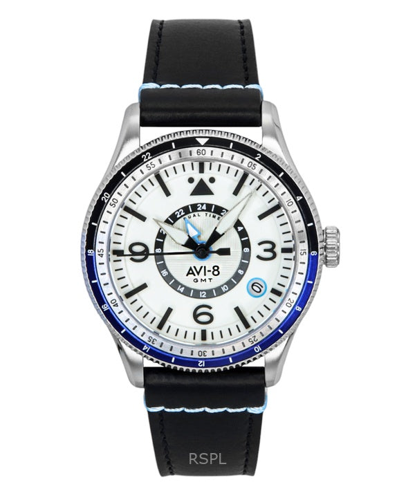 Orologio da uomo AVI-8 Flyboy Airmaster GMT con cinturino in pelle e quadrante bianco automatico AV-4128-02