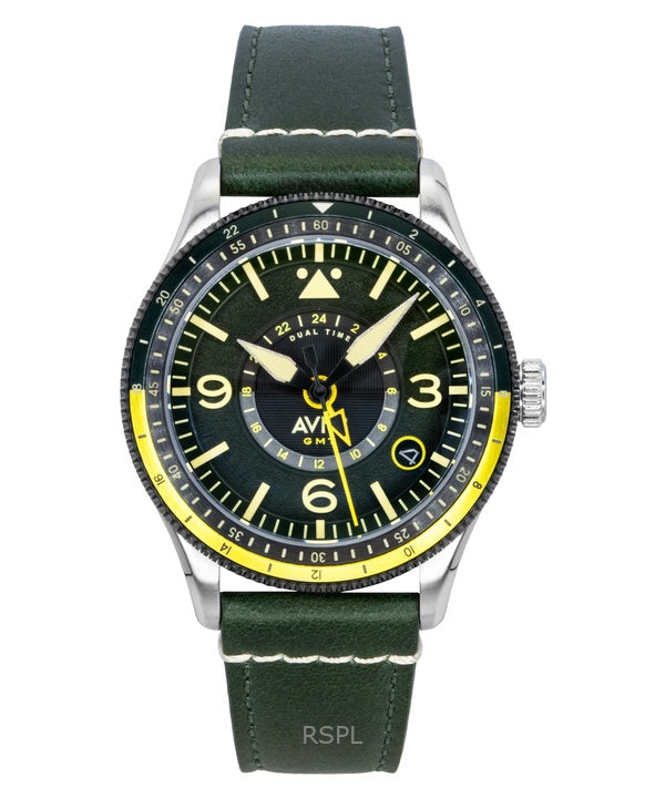 Orologio da uomo automatico AVI-8 Flyboy Airmaster GMT con cinturino in pelle verde fusoliera e quadrante verde AV-4128-03