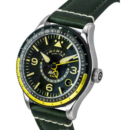 Orologio da uomo automatico AVI-8 Flyboy Airmaster GMT con cinturino in pelle verde fusoliera e quadrante verde AV-4128-03