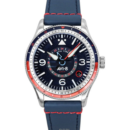 Orologio da uomo AVI-8 Flyboy Airmaster GMT con cinturino in pelle blu Cockpit e quadrante blu automatico AV-4128-04