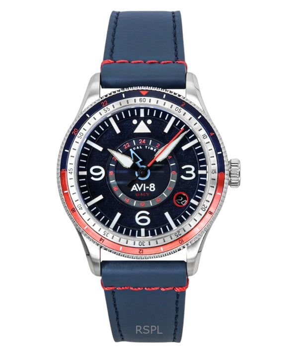Orologio da uomo AVI-8 Flyboy Airmaster GMT con cinturino in pelle blu Cockpit e quadrante blu automatico AV-4128-04