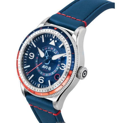 Orologio da uomo AVI-8 Flyboy Airmaster GMT con cinturino in pelle blu Cockpit e quadrante blu automatico AV-4128-04