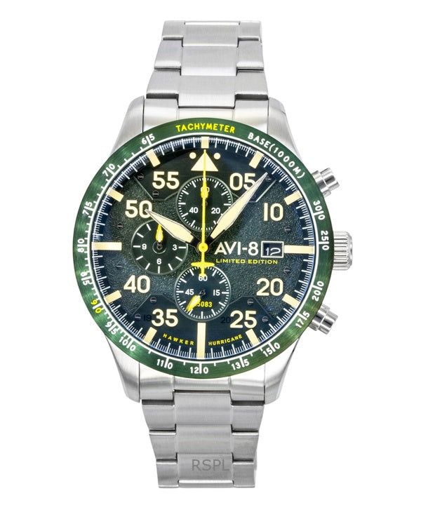 Orologio da uomo AVI-8 Hawker Hurricane Chronograph Limited Edition con quadrante verde, movimento al quarzo, modello AV-4130-33, con cinturino extra.