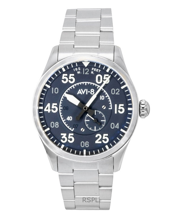 Orologio da uomo automatico AVI-8 Spitfire Type 300 in acciaio inossidabile con quadrante blu e quadrante Sky Gauge, modello AV-4147-11.