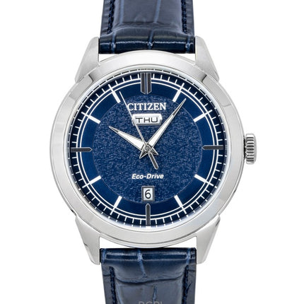 Orologio da uomo Citizen Eco-Drive con cinturino in pelle e quadrante blu, modello AW0151-00L, impermeabile fino a 100 metri.