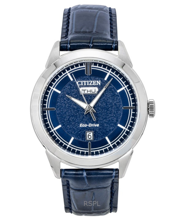 Orologio da uomo Citizen Eco-Drive con cinturino in pelle e quadrante blu, modello AW0151-00L, impermeabile fino a 100 metri.