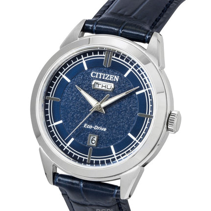 Orologio da uomo Citizen Eco-Drive con cinturino in pelle e quadrante blu, modello AW0151-00L, impermeabile fino a 100 metri.