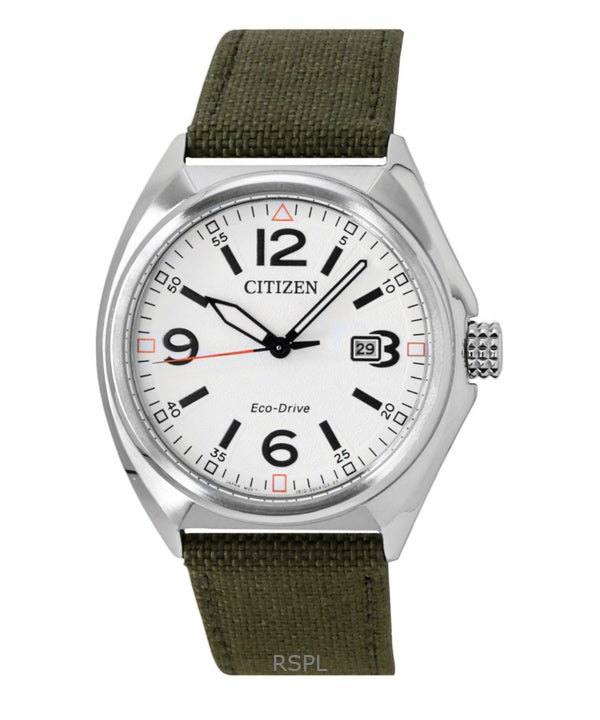 Orologio da uomo Citizen Eco-Drive con cinturino in nylon verde e quadrante bianco AW1571-09A 100M
