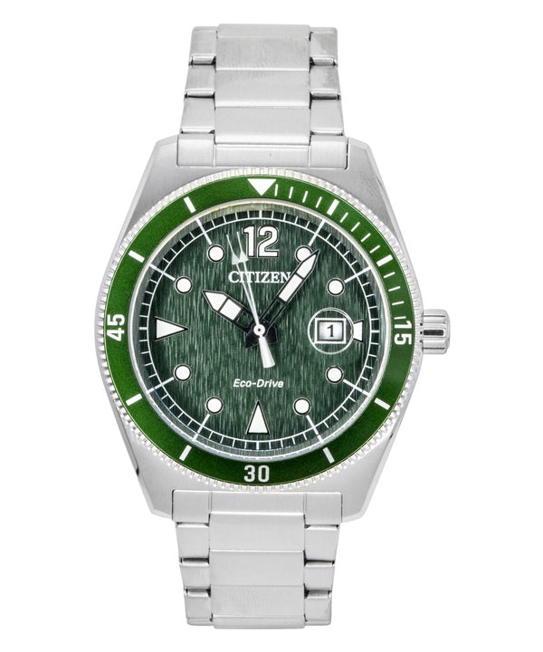 Orologio da uomo Citizen Eco-Drive in acciaio inossidabile con quadrante verde, alimentazione solare, modello AW1880-55X, impermeabile fino a 100 metri.