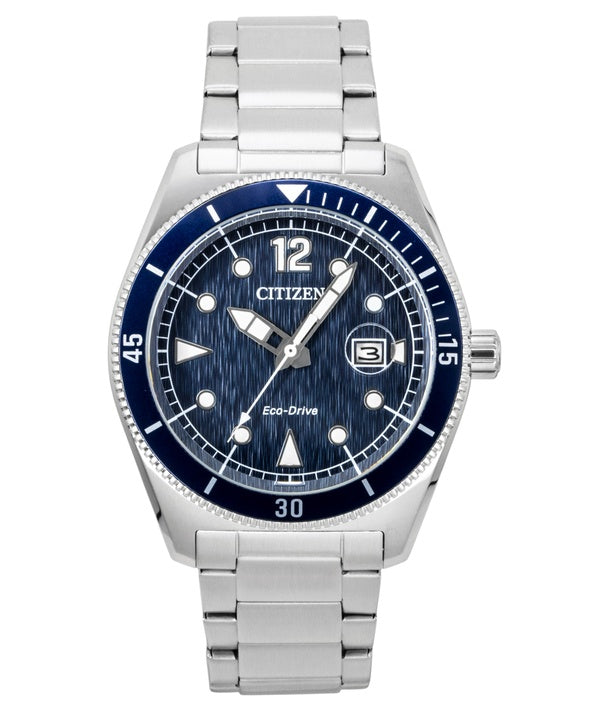 Orologio da uomo Citizen Eco-Drive in acciaio inossidabile con quadrante blu, alimentazione solare, modello AW1881-52L, impermeabile fino a 100 metri.