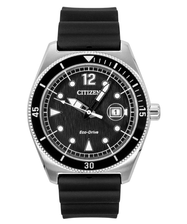 Orologio da uomo Citizen Eco-Drive con cinturino in gomma nera, quadrante nero, alimentazione solare AW1889-00E e impermeabilità fino a 100 metri.