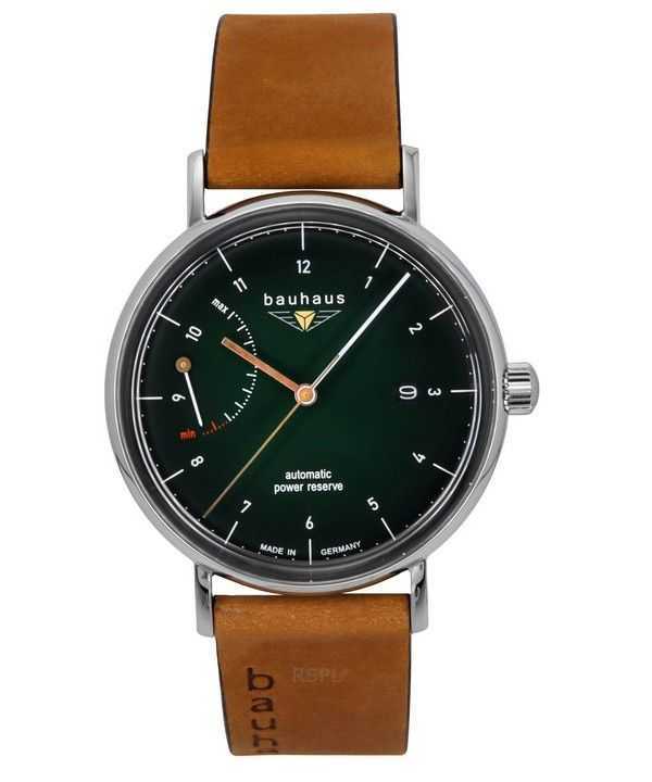 Orologio da uomo Bauhaus Classic con cinturino in pelle marrone e quadrante verde scuro automatico 21604