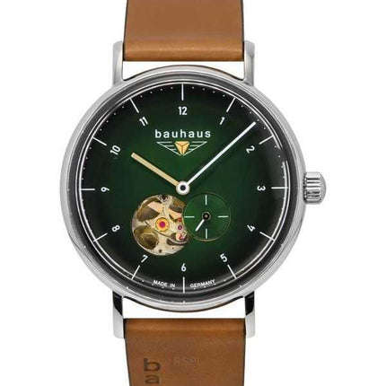 Orologio da uomo Bauhaus Classic con cinturino in pelle verde scuro e quadrante a cuore aperto automatico 21664