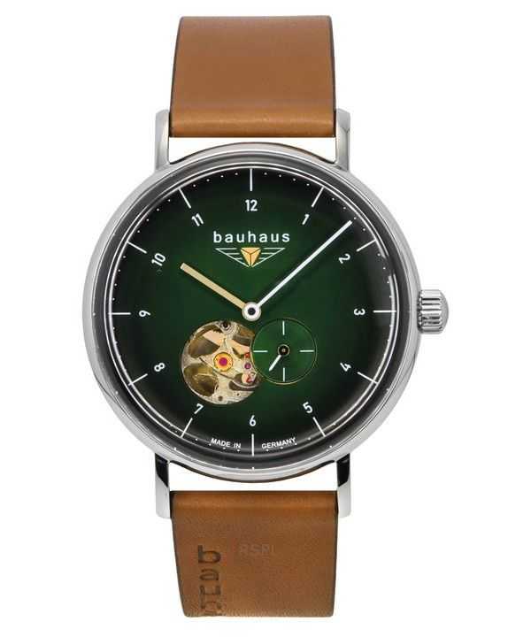 Orologio da uomo Bauhaus Classic con cinturino in pelle verde scuro e quadrante a cuore aperto automatico 21664