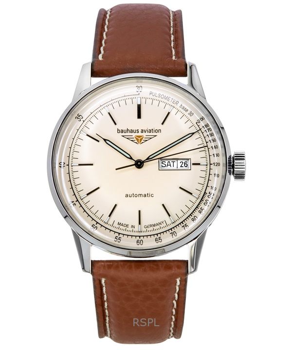 Bauhaus Aviation cinturino in pelle quadrante beige automatico 23665 100M orologio da uomo