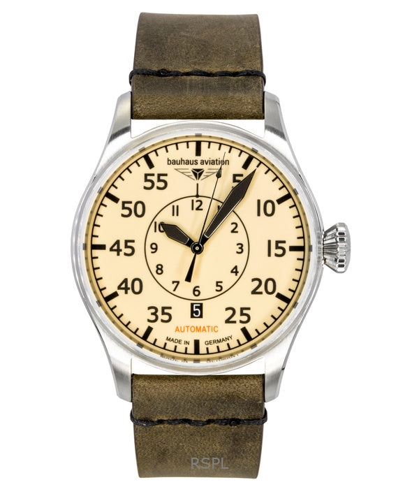 Orologio da uomo Bauhaus Aviation con cinturino in pelle e quadrante beige, automatico 27565