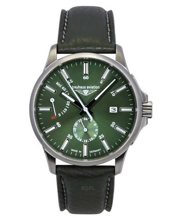 Bauhaus Aviation Green Cinturino in pelle Quadrante verde scuro Orologio automatico 28604 100M da uomo