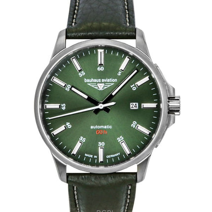 Orologio da uomo Bauhaus Aviation con cinturino in pelle e quadrante verde scuro, automatico 28644, 100 m