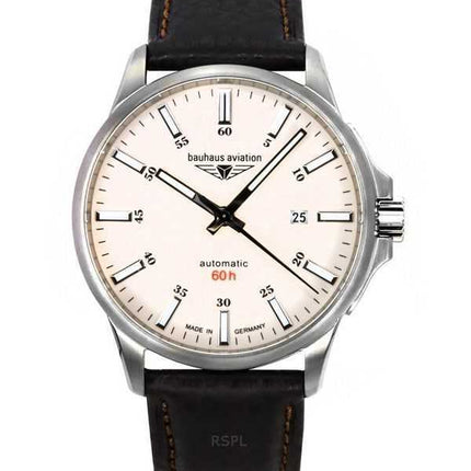 Orologio da uomo Bauhaus Aviation con cinturino in pelle e quadrante beige completamente luminoso, automatico 28645, 100 m