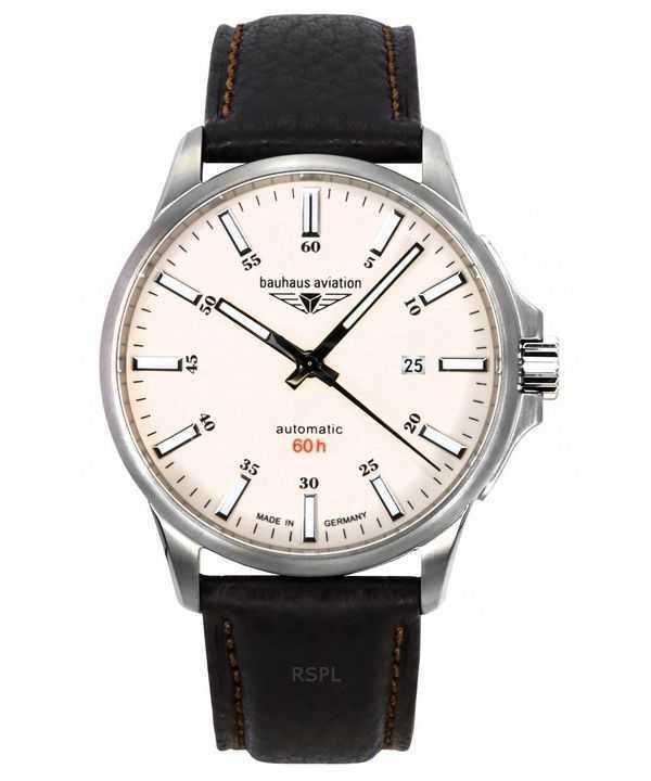 Orologio da uomo Bauhaus Aviation con cinturino in pelle e quadrante beige completamente luminoso, automatico 28645, 100 m