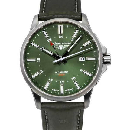 Bauhaus Aviation GMT cinturino in pelle verde quadrante verde scuro automatico 28684 100M orologio da uomo