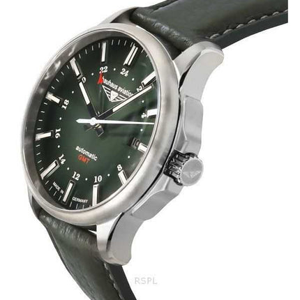 Bauhaus Aviation GMT cinturino in pelle verde quadrante verde scuro automatico 28684 100M orologio da uomo