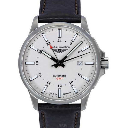 Orologio da uomo Bauhaus Aviation GMT con cinturino in pelle, quadrante beige completamente luminoso, automatico 28685 100M