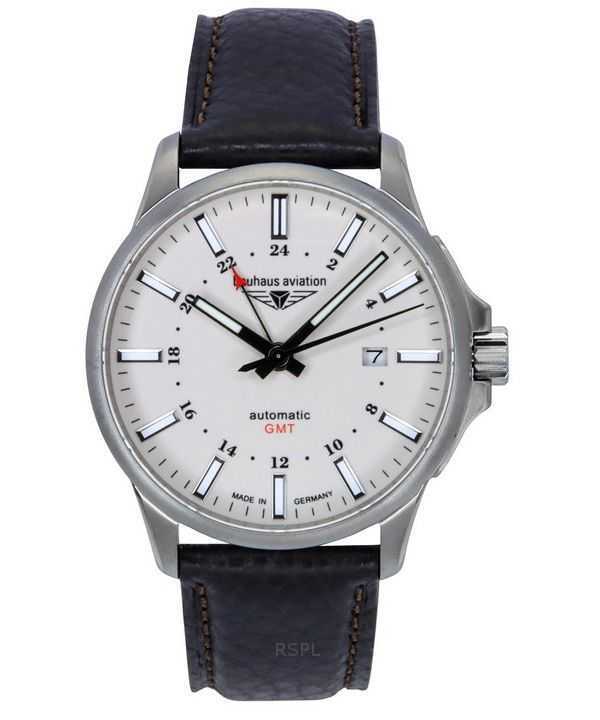 Orologio da uomo Bauhaus Aviation GMT con cinturino in pelle, quadrante beige completamente luminoso, automatico 28685 100M