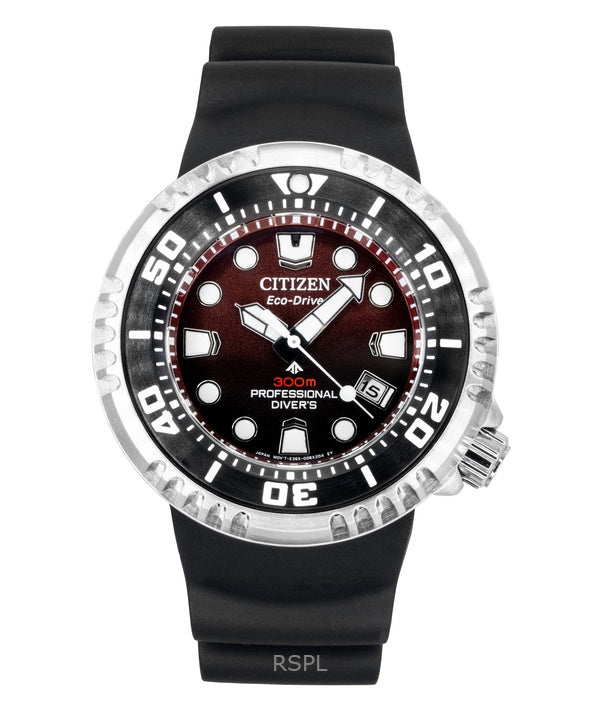 Orologio da uomo Citizen Promaster Eco-Drive Diver&#39;s BN1024-01Z 300M con cinturino in poliuretano e quadrante rosso