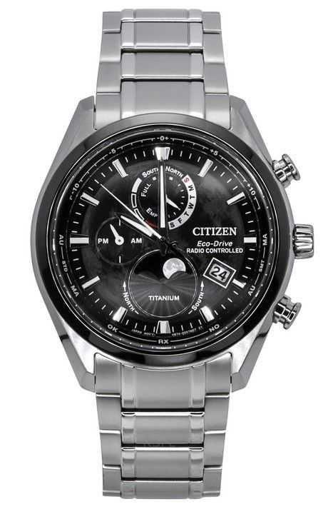 Orologio da uomo Citizen Tsuki-Yomi Radiocontrollato con fasi lunari Super Titanium quadrante nero Eco-Drive BY1018-80E 100M