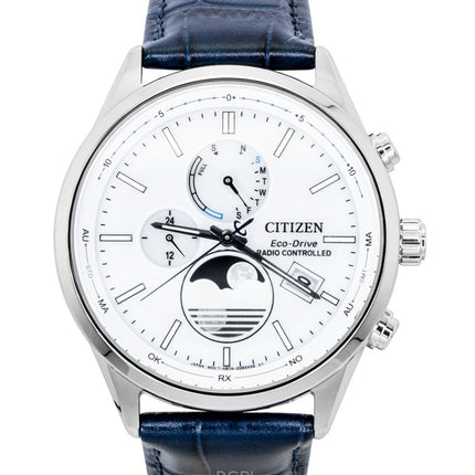 Orologio da uomo Citizen Eco-Drive radiocontrollato con cinturino in pelle e quadrante bianco BY1030-09A, impermeabile fino a 100 metri.