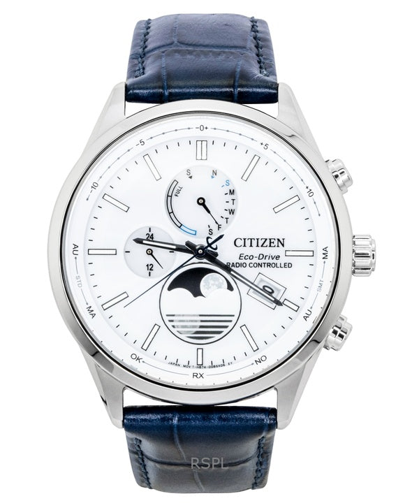 Orologio da uomo Citizen Eco-Drive radiocontrollato con cinturino in pelle e quadrante bianco BY1030-09A, impermeabile fino a 100 metri.