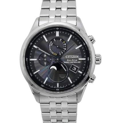 Orologio da uomo Citizen Eco-Drive Radiocontrollato con fasi lunari, quadrante nero in acciaio inossidabile BY1030-50E, 100M