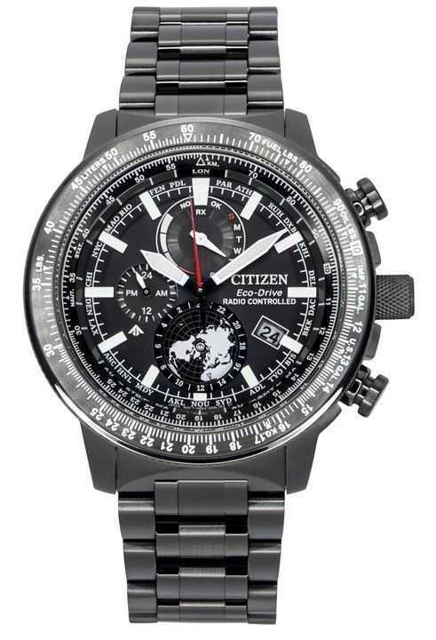 Orologio da pilota da uomo Citizen Promaster Geo Trekker in acciaio inossidabile con quadrante nero Eco-Drive BY3005-56G 200M