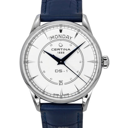 Certina DS-1 Day-Date, cinturino in pelle, quadrante bianco, automatico, C029.430.16.011.00, orologio da uomo 100M