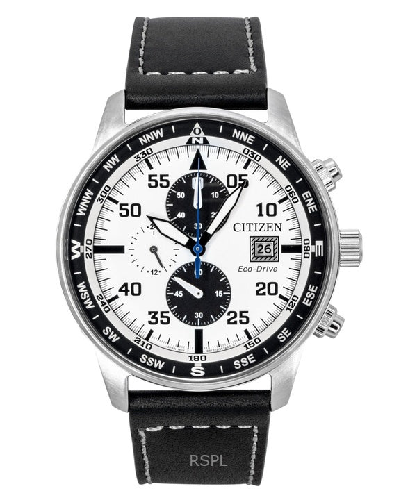 Orologio da uomo Citizen Eco-Drive Aviator Cronografo con cinturino in pelle e quadrante bianco CA0880-07A 100M