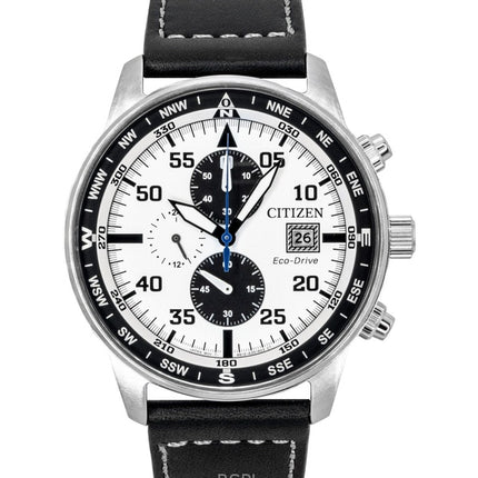 Orologio da uomo Citizen Eco-Drive Aviator Cronografo con cinturino in pelle e quadrante bianco CA0880-07A 100M