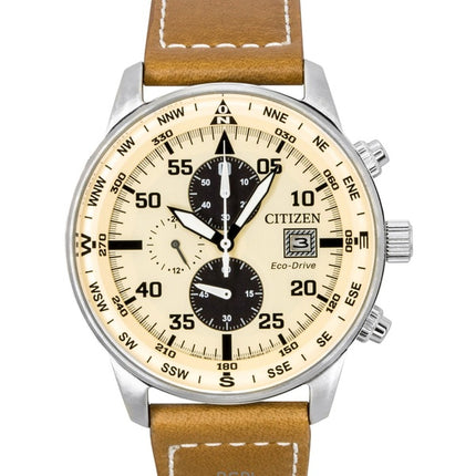 Orologio da uomo Citizen Eco-Drive Aviator Cronografo con cinturino in pelle e quadrante beige CA0880-15X 100M