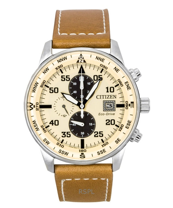 Orologio da uomo Citizen Eco-Drive Aviator Cronografo con cinturino in pelle e quadrante beige CA0880-15X 100M