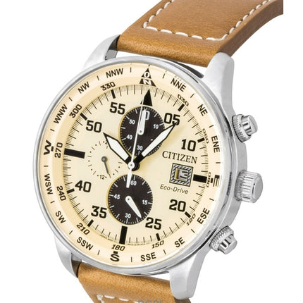 Orologio da uomo Citizen Eco-Drive Aviator Cronografo con cinturino in pelle e quadrante beige CA0880-15X 100M