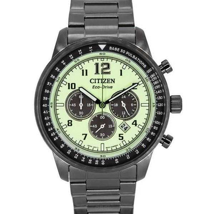 Orologio da uomo Citizen Eco-Drive Chronograph Grey Ion in acciaio inossidabile con quadrante verde completamente luminoso CA450